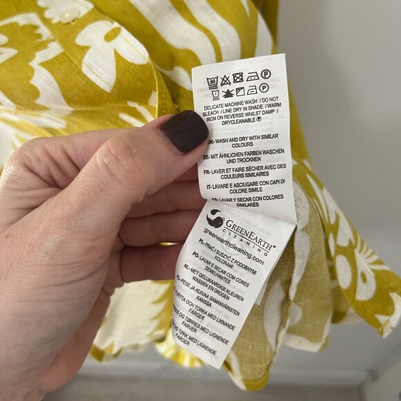 Boden Yellow Floral Print Linen Button Up Top Size 12 Long - Picture 6 of 7